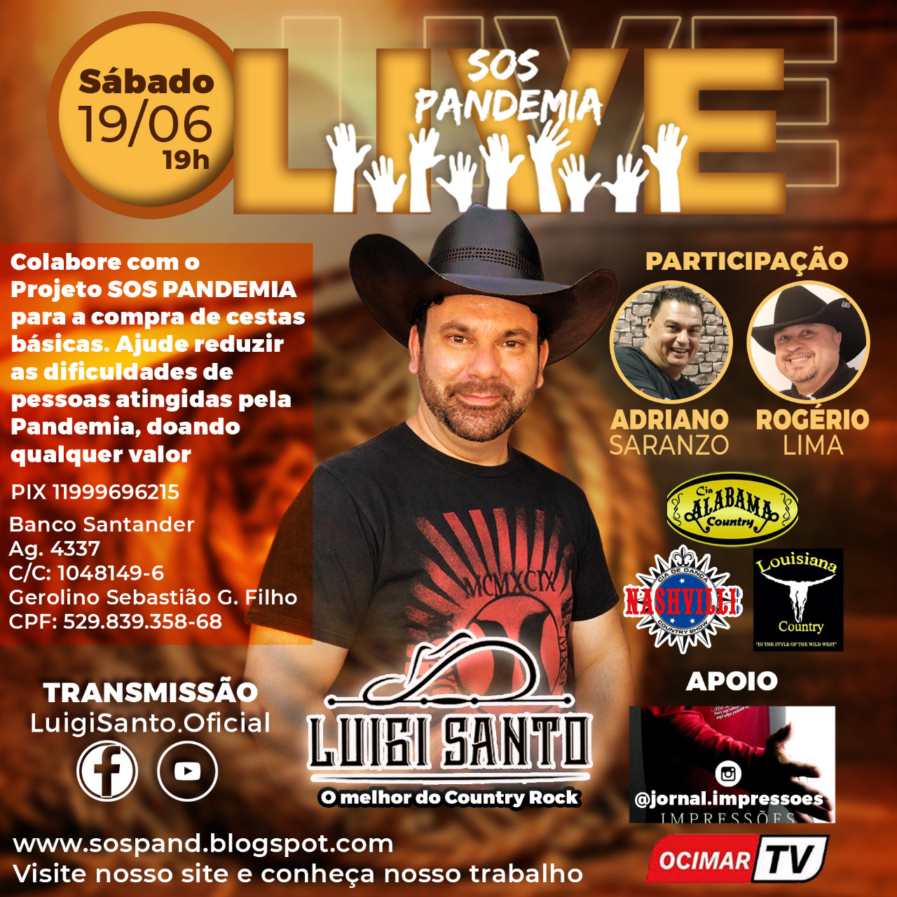 Cantor Luigi Santo traz o melhor do country rock em live solidária