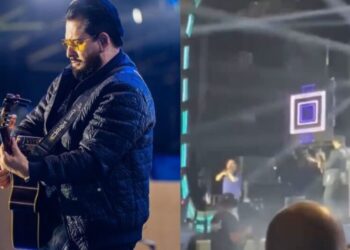 Vídeo mostra momento exato em que Marrone cai do palco em show e sofre corte no rosto